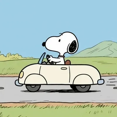 Driving a small white convertible car on the road Snoopy PFP