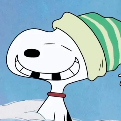 Smiling Snoopy wearing a green striped winter beanie hat PFP
