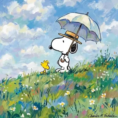 Impressionist style Woodstock and Snoopy PFP holding a parasol in a wildflower field