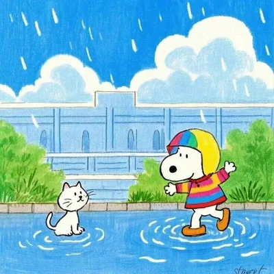 Snoopy in a colorful raincoat splashing in puddles with a white cat PFP