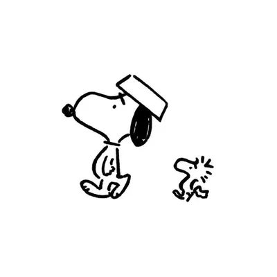 Simple black and white line art of Woodstock alongside a cute Snoopy Icon