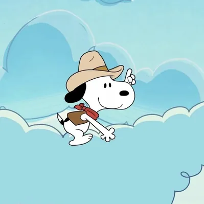 Smiling cowboy Snoopy PFP crawling across clouds in the sky
