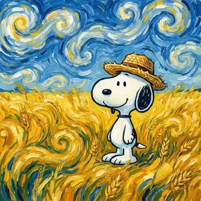 Snoopy wearing a straw hat in a Van Gogh starry wheat field Discord PFP
