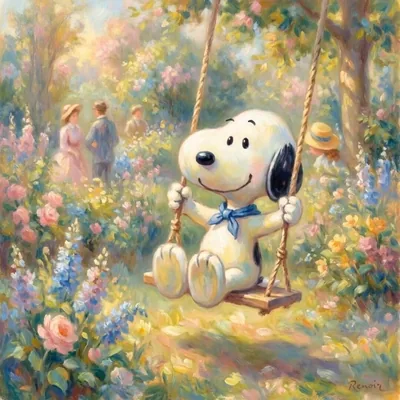 Happy Snoopy swinging in an oil painting flower garden Profile Picture
