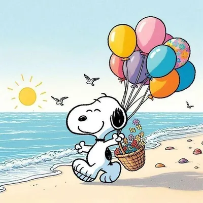 Snoopy happily walking along the sunny beach with balloons Profile Picture