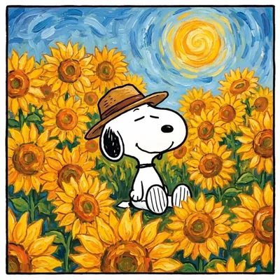Smiling in a sunflower field wearing a straw hat Snoopy PFP