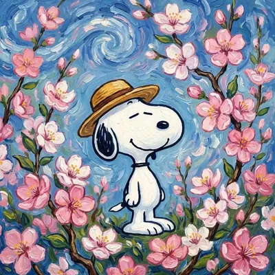 Smiling Snoopy wearing a straw hat in blooming cherry blossoms oil painting Snoopy Avatar