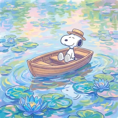 Smiling in a straw hat on a wooden boat among water lilies Snoopy Avatar