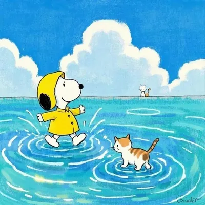Snoopy in yellow raincoat walking on water with a cute kitten Avatar