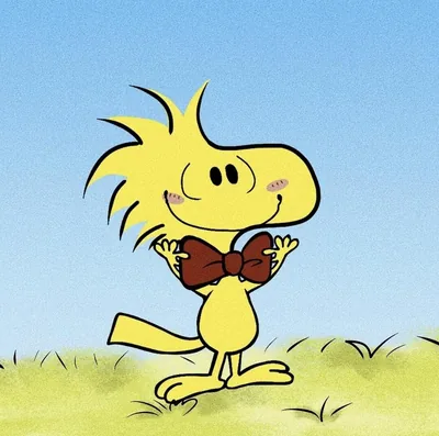 Woodstock wearing a brown bow tie and smiling proudly cute PFP