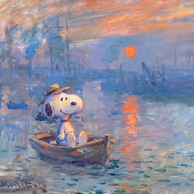 Impressionist Monet oil painting of hat-wearing rowboat Snoopy PFP