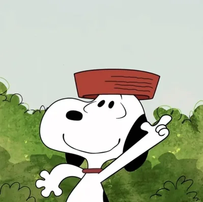 Smiling with a red food bowl on his head and pointing up, cheerful Snoopy Profile Picture