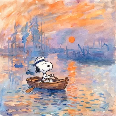 Snoopy wearing sailor hat rowing boat at sunrise watercolor Social Media Icon