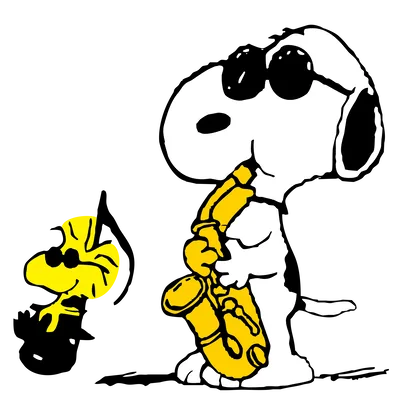 Cool Joe Cool Snoopy playing saxophone with Woodstock PNG Image