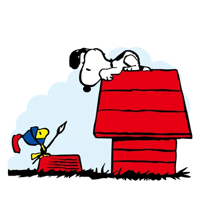 Snoopy resting on red doghouse looking down at knight Woodstock PNG Image