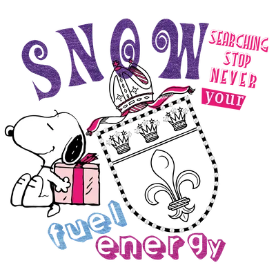 Snoopy holding a gift box with royal crest and snow lettering PNG Image