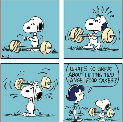 Comic strip of weightlifting with Lucy van Pelt Snoopy PNG
