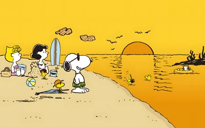 Snoopy with sunglasses, Lucy and Woodstock at a beach sunset for PC Wallpaper