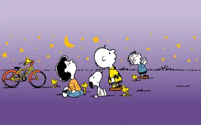 Snoopy, Charlie Brown, and Lucy looking at the starry night sky for PC Wallpaper