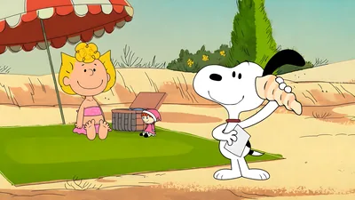 Snoopy and a friend listening to a seashell on the beach for PC Background