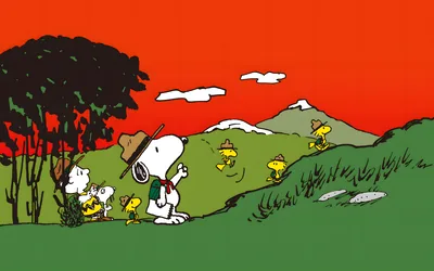 Snoopy, Charlie Brown, and Woodstock hiking in the mountains for PC Wallpaper