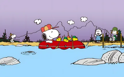 Snoopy and Woodstock rafting on a scenic lake with friends for PC Wallpaper