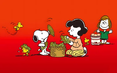 Snoopy, Lucy, and Woodstock peeling corn on a red background for PC Wallpaper