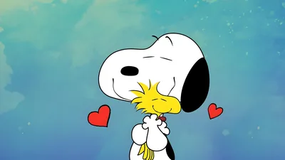 Snoopy hugging Woodstock with red hearts for PC Wallpaper