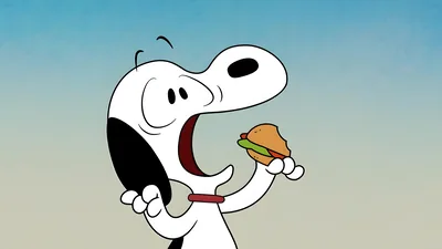 Snoopy eating a delicious hamburger with a wide open mouth for PC Background