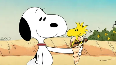 Snoopy holding Woodstock playing a small guitar for PC Wallpaper
