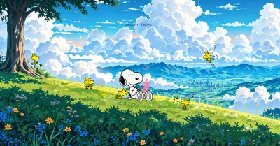 Snoopy and Woodstock relaxing on a scenic flower hill for PC Wallpaper