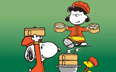 Snoopy, Lucy, and Woodstock serving Chinese dim sum for PC Wallpaper