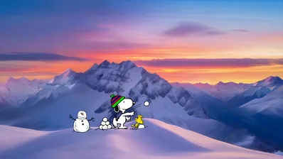 Snoopy and Woodstock playing with snowballs in snowy mountains for PC Wallpaper