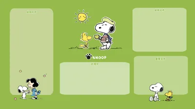 Snoopy, Woodstock, and Lucy in a green desktop organizer layout for PC 4K Image
