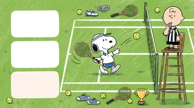 Snoopy playing tennis with Charlie Brown as referee for PC Wallpaper
