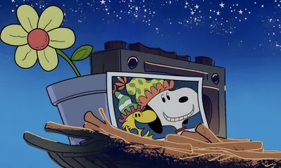 Snoopy and Woodstock wearing party hats in a photo frame for PC Wallpaper