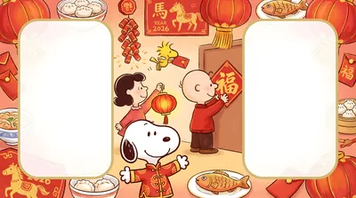 Snoopy, Charlie Brown, and Lucy celebrating 2026 Lunar New Year for PC Background