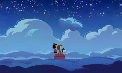 Snoopy and Lucy sitting on the red doghouse under a starry sky for PC Background