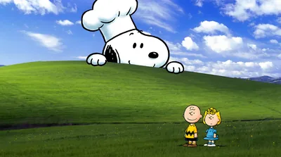 Giant Snoopy wearing a chef hat peeking over a hill with Charlie Brown for PC 4K Image