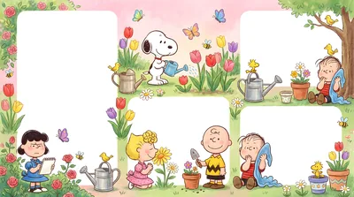 Snoopy, Charlie Brown, and Lucy gardening in a spring flower field for PC Background