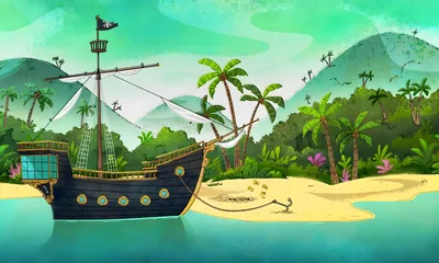Woodstock and friends on a tropical island with a pirate ship for PC Wallpaper