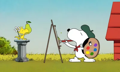 Artist Snoopy painting a portrait of Woodstock in the garden for PC Wallpaper