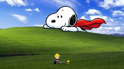 Snoopy superhero with Woodstock on a green hill for PC Background