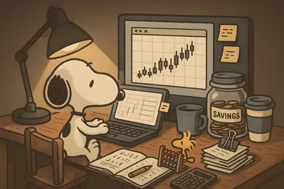 Snoopy and Woodstock analyzing stock market charts at a cozy desk for PC Wallpaper