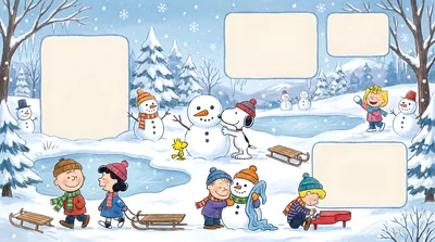 Snoopy, Charlie Brown, and Lucy playing in the winter snow for PC 4K Image