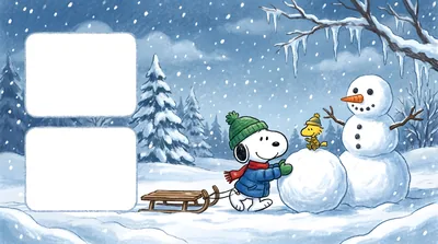 Snoopy and Woodstock building a snowman in a winter scene for PC Background