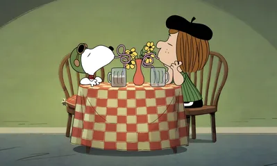 Snoopy in aviator gear and a Snoopy character sharing drinks for PC Wallpaper