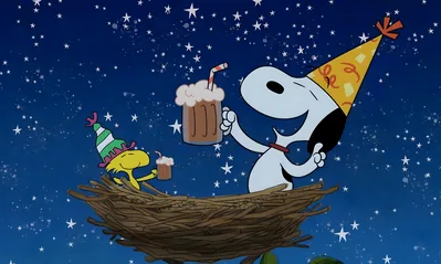 Snoopy and Woodstock toasting in a nest under a starry sky for PC Wallpaper