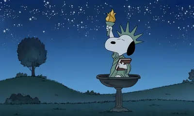 Snoopy dressed as the Statue of Liberty under a starry night for PC Wallpaper