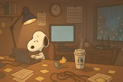Snoopy and Woodstock working at a cozy desk on a rainy night for PC Wallpaper